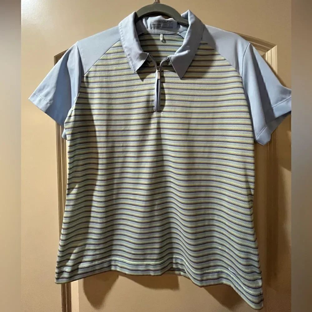 NIKE GOLF Short Sleeve Striped Golf Shirt Blue Neon Yellow Boy’s Large 12-14